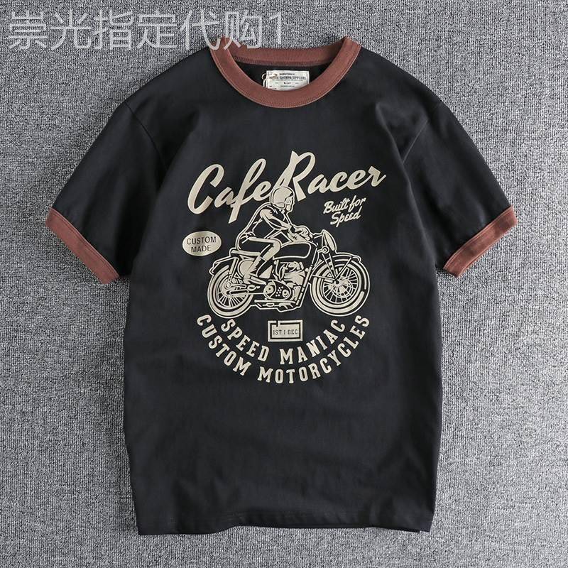 代购撞色美式复古潮流百搭青年t恤双纱纯棉水洗机车印花短袖T恤男