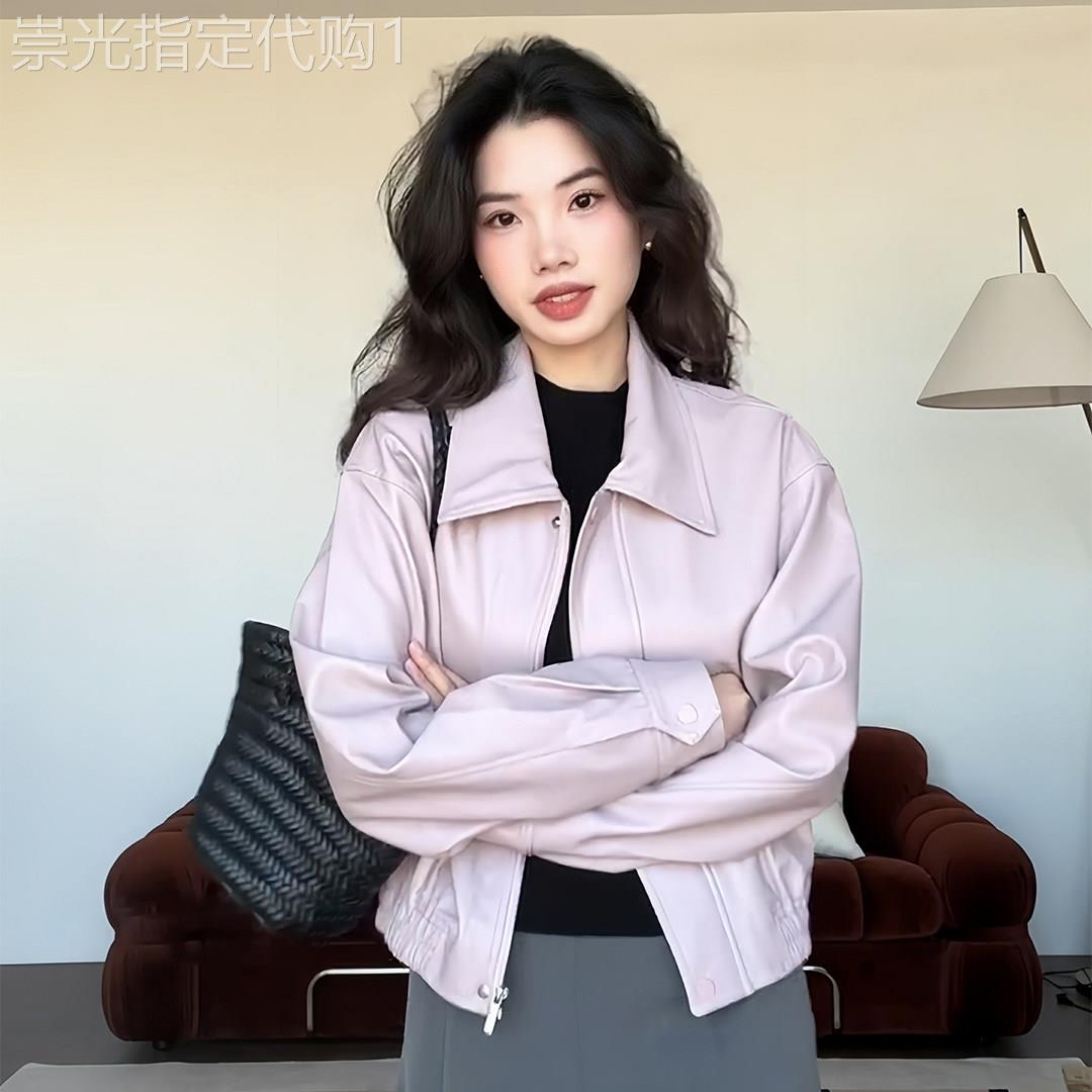 紫色翻领PU皮夹克短外套女2026春季新款高级感美式棒球服夹克上衣