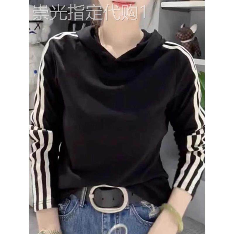 大码纯棉连帽三条杠长袖t恤女春秋新款胖mm显瘦遮肉休闲打底上衣