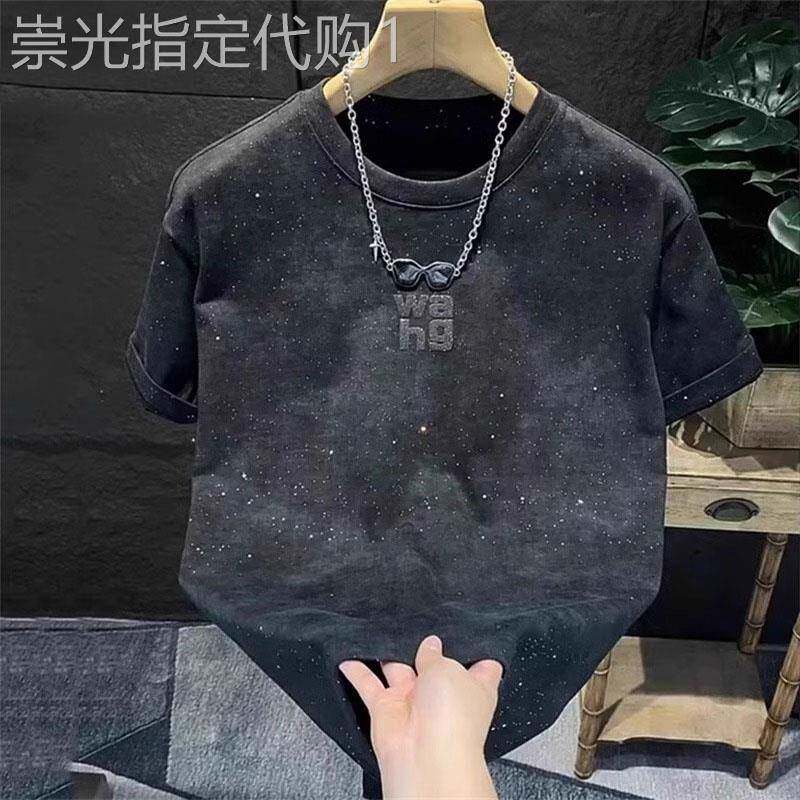 高端潮牌满天星短袖t恤男士2025年新款夏季黑色圆领半袖体恤男款