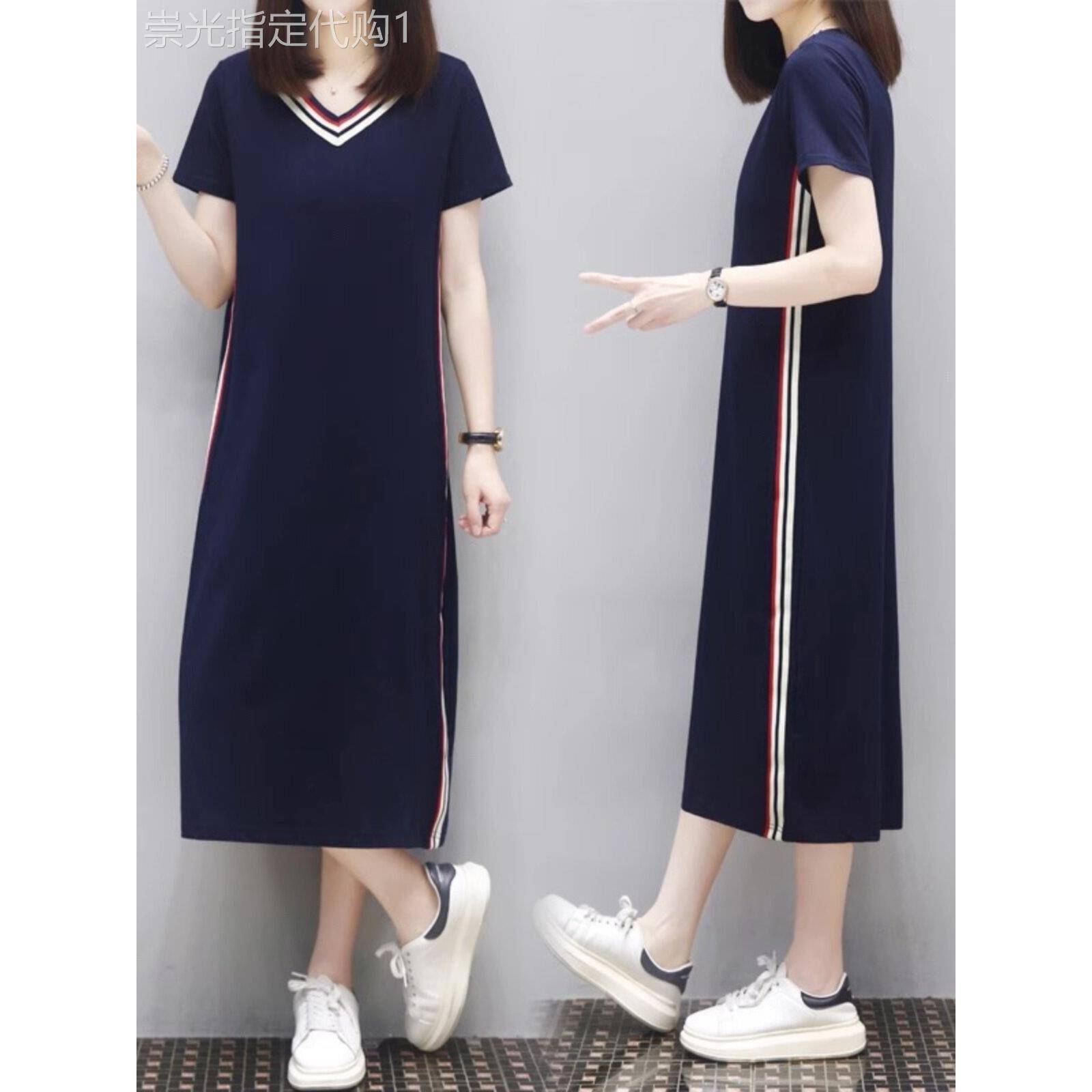 纯棉v领t恤裙女夏2025新款休闲运动中长款过膝胖妹妹遮肚子连衣裙