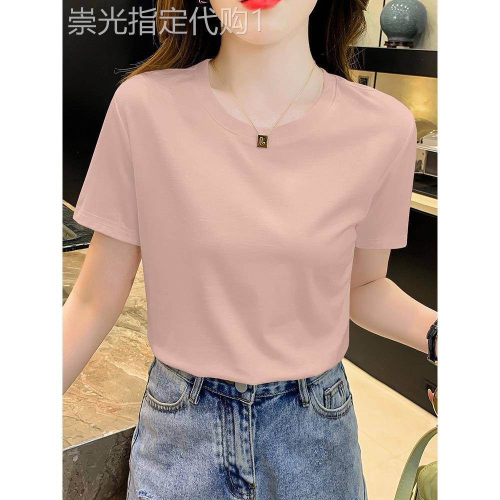 粉色圆领女式短袖t恤夏季纯色宽松大尺寸薄冰丝右肩半袖t恤上衣