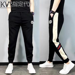 高端休闲裤男士2025秋冬季新款弹力条纹卫裤加绒加厚小脚哈伦裤潮