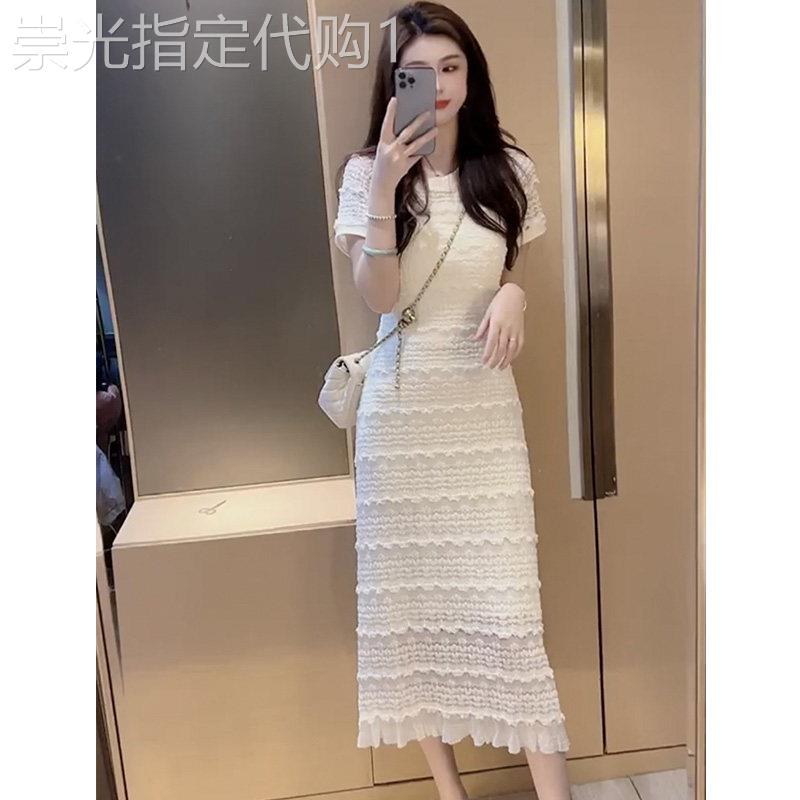 短袖蕾丝洋装女夏季高级感气质洋派名媛法式显瘦修身中长版裙子