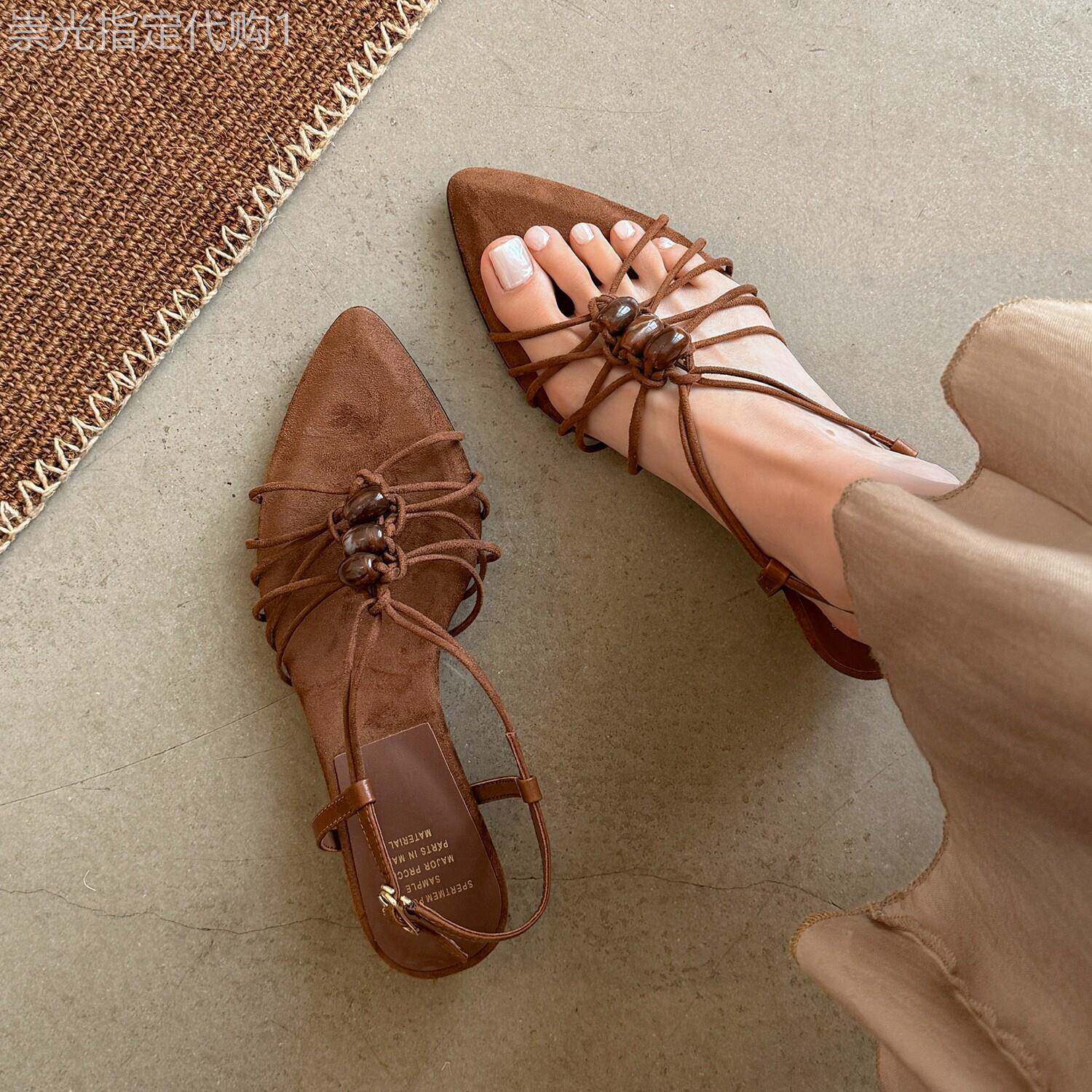 月亮女神！度假民族风罗马鞋尖头编织凉鞋女款泰国旅游小跟鞋夏季