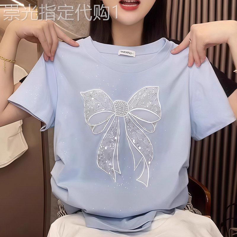 韩国重工烫钻蝴蝶结短袖T恤女2026夏季新款修身显瘦设计感上衣潮