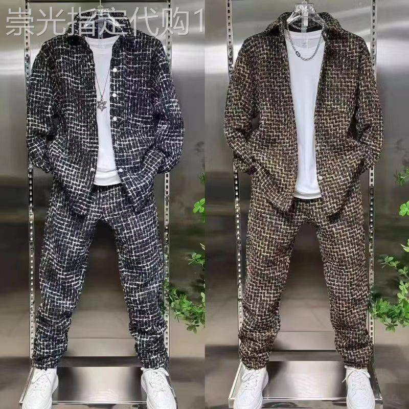 春秋季新款香风男士套装时尚潮流百搭休闲衬衫长裤潮男爆款两件套