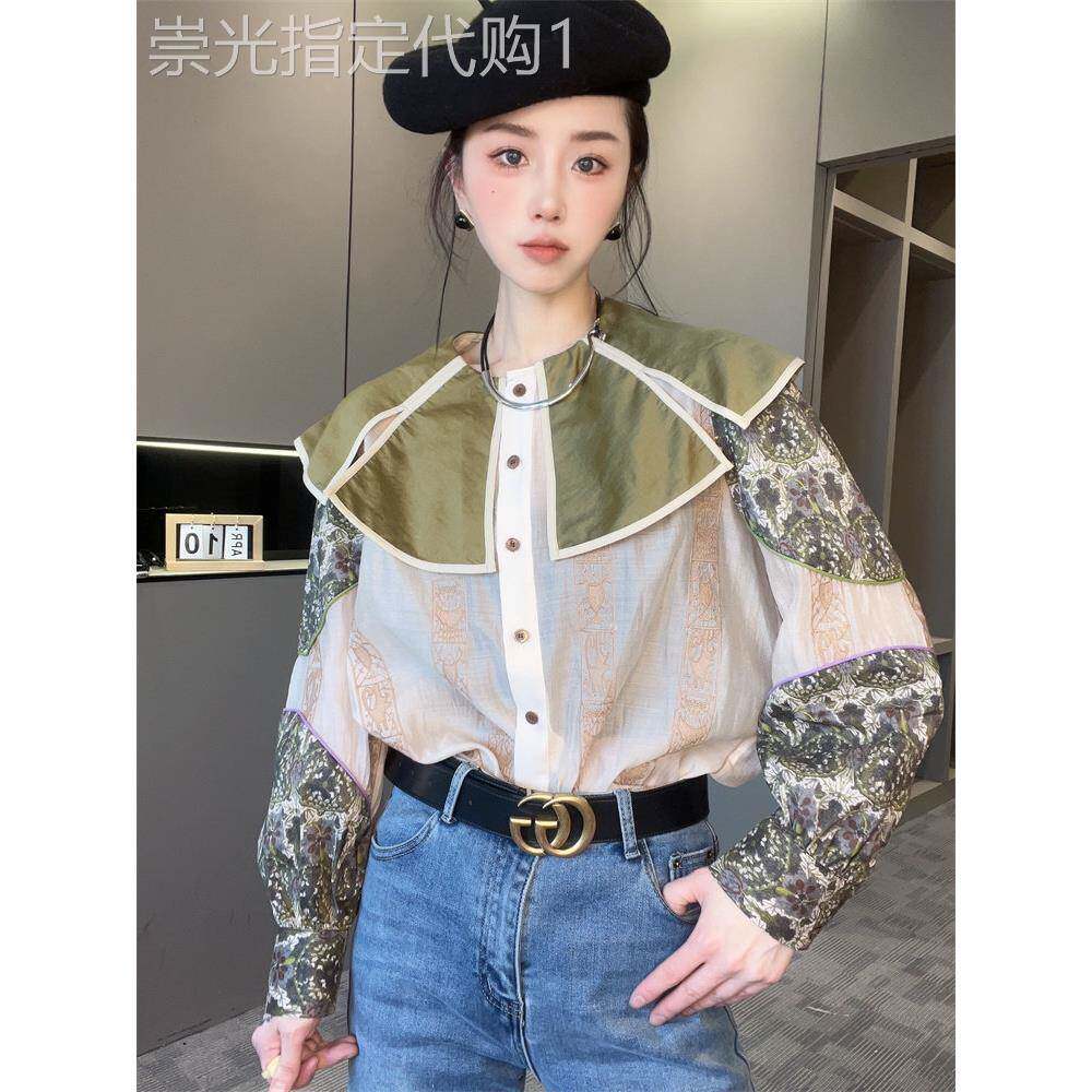 【现货】复古刺绣字母碎花衬衫女2025春秋新款披肩领单排扣圆领潮