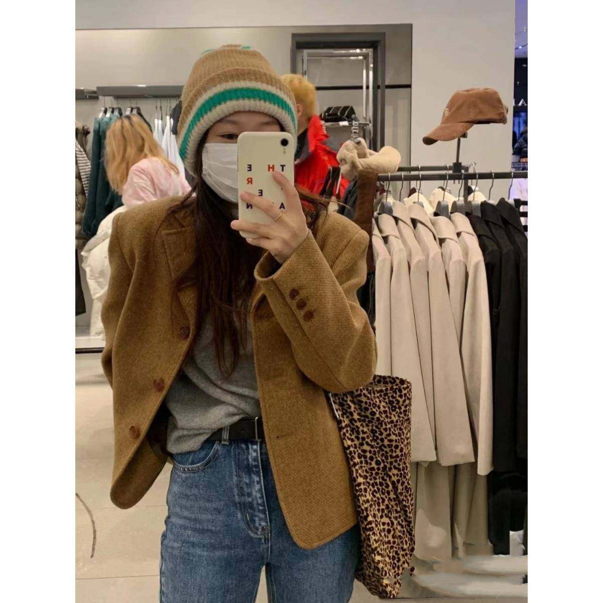 2025秋冬纯色毛呢大衣韩版宽松休闲短款小个子毛呢西装外套女潮