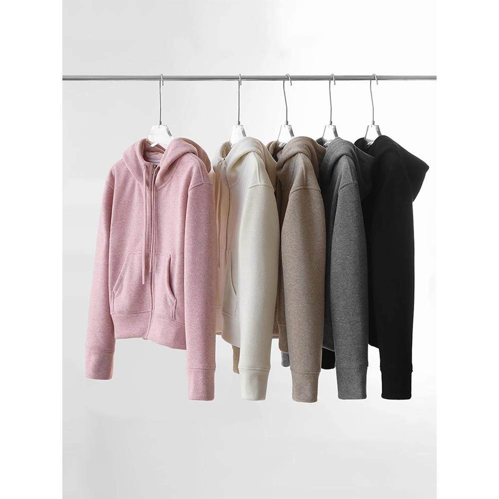 加绒连帽卫衣外套女冬2024新款休闲运动软糯保暖纯色短款开衫上衣