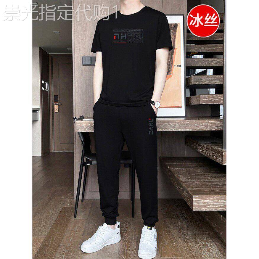 夏季套装男休闲冰丝短袖t恤搭配男士帅气潮牌时尚运动穿搭两件套