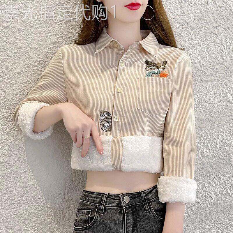 条纹衬衫女秋冬2025新款气质减龄加绒加厚复古刺绣长袖保暖上衣潮