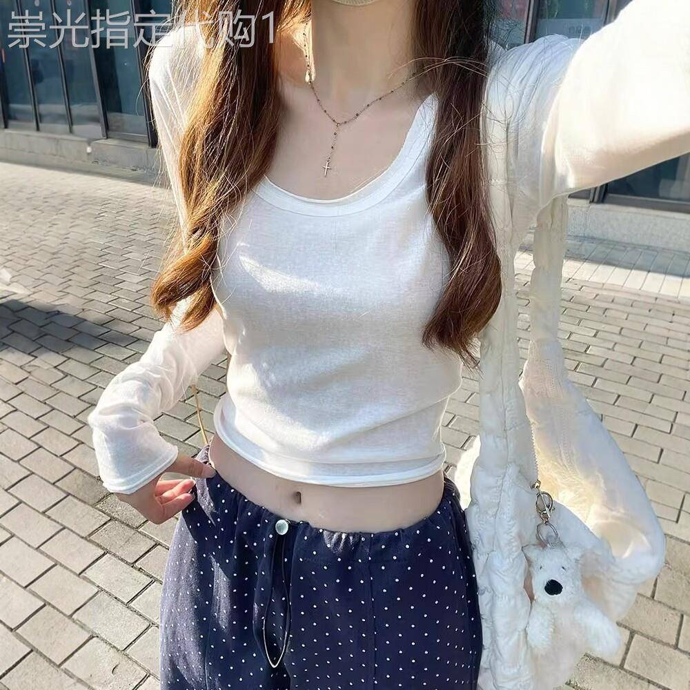 日系白色薄款u领长袖t恤女夏季辣妹高腰空调防晒罩衫正肩短款上衣