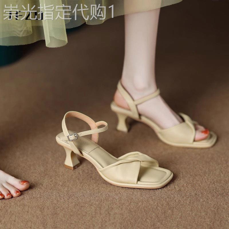 真皮法式小跟凉鞋女夏季外穿2025新款仙女风配裙子气质后空高跟鞋