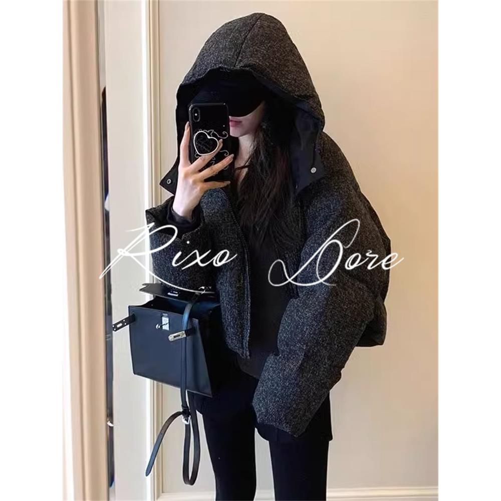 RIXO DORE法式高级感黑色短款羽绒服女秋冬季洋气小香风连帽外套