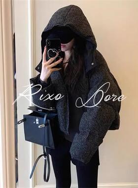 RIXO DORE法式高级感黑色短款羽绒服女秋冬季洋气小香风连帽外套