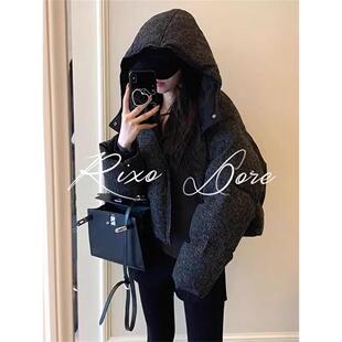 RIXO DORE法式高级感黑色短款羽绒服女秋冬季洋气小香风连帽外套
