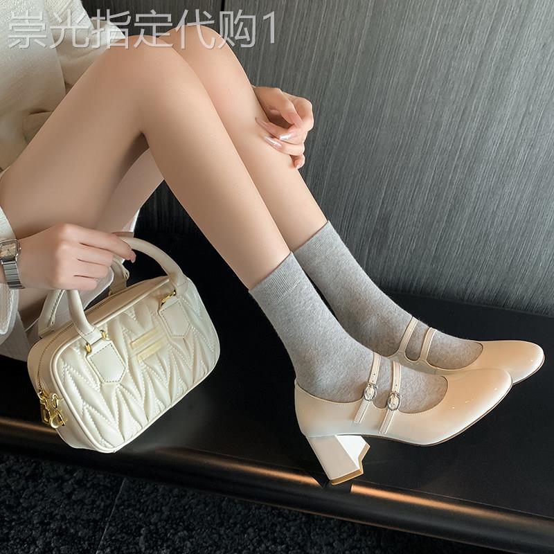半熟欧尼~ 法式气质漆皮圆头粗跟玛丽珍鞋女浅口单鞋配裙子高跟鞋
