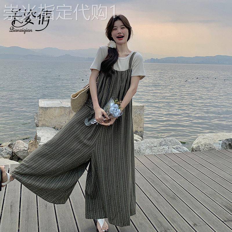 松弛感穿搭套装条纹抱婴袋连身裤夏装搭配一整套慵懒风阔腿裤两件