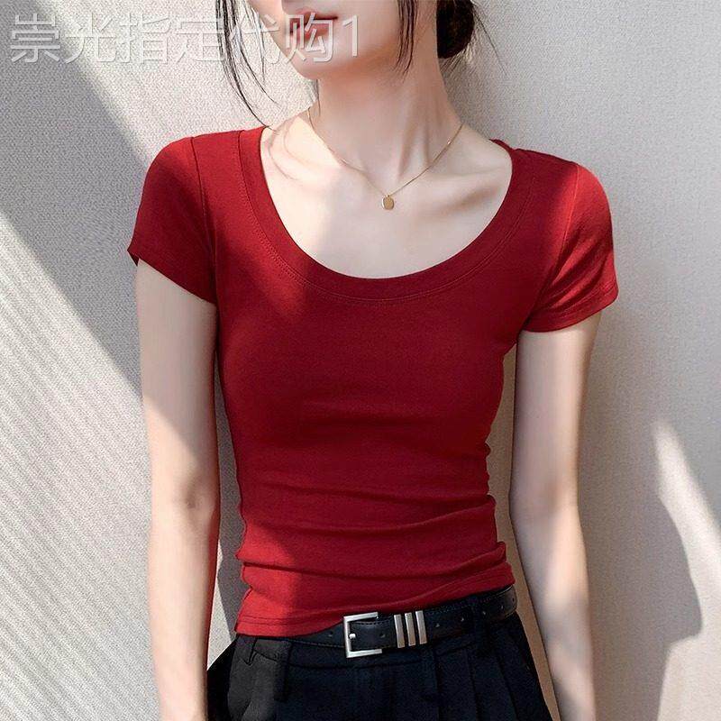 韩版红色收腰紧身低领T恤女2025夏季新款正肩内搭短袖打底衫上衣