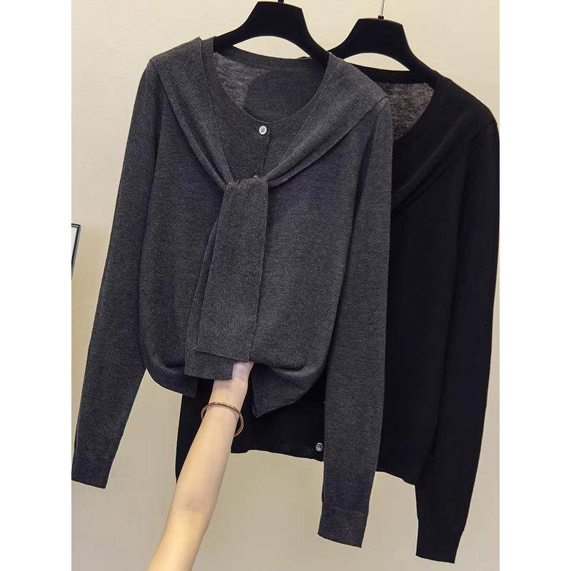 黑色圆领长袖针织衫女春秋欧货设计感披肩修身显瘦内搭打底衫上衣