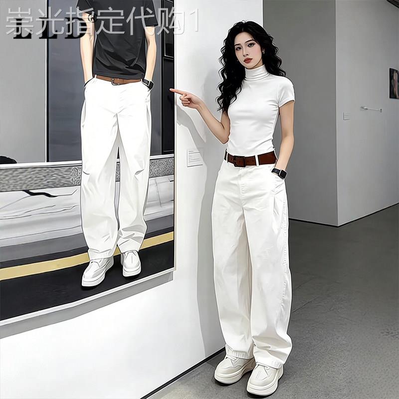 高端白色工装休闲裤男款夏季2026新款美式直筒阔腿长裤男士弯刀裤