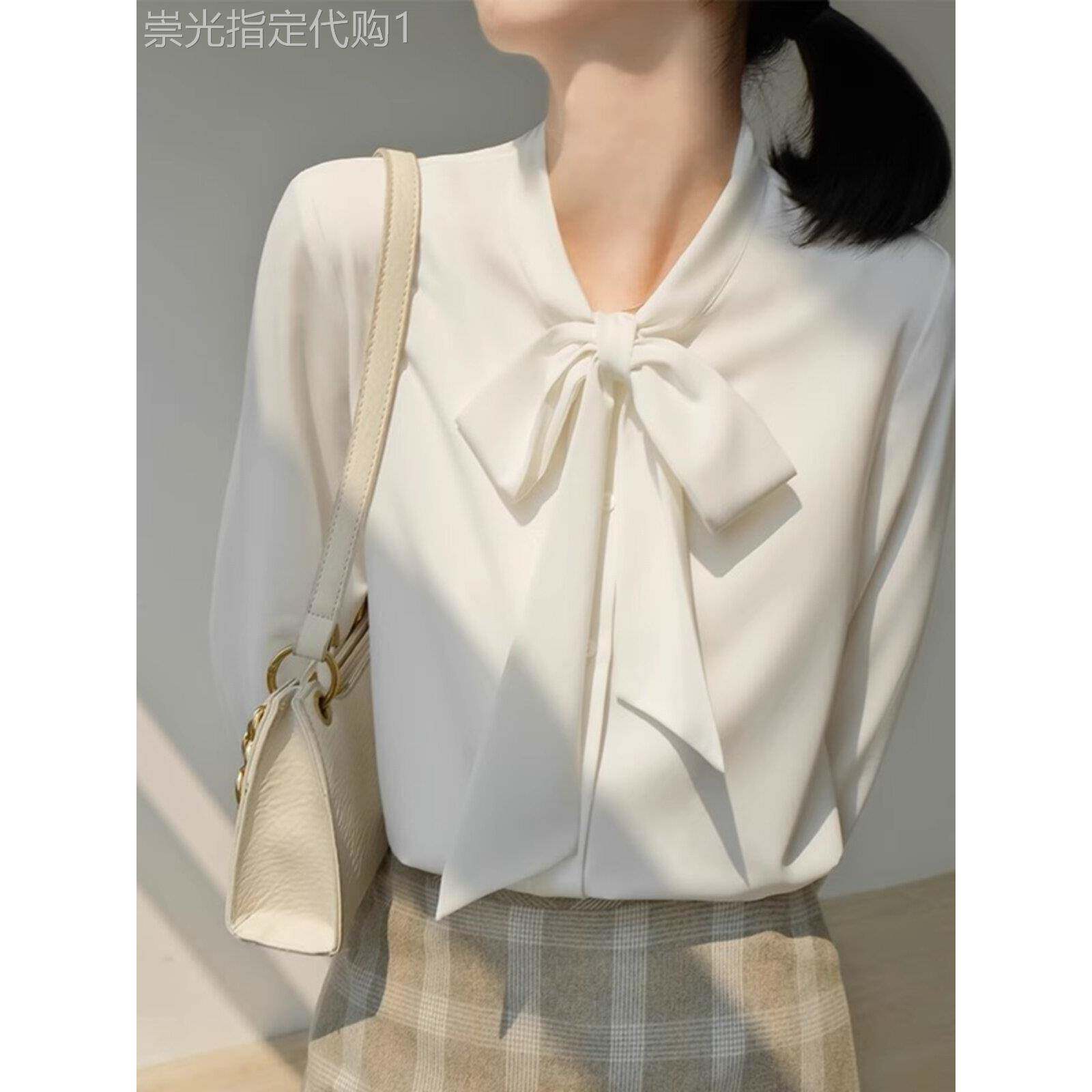 缎面白色衬衫女2025新款蝴蝶结飘带职业通勤气质显瘦教资面试上衣