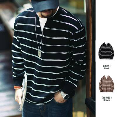 it neith BIAS潮牌美式复古假两件条纹卫衣男宽松圆领上衣打底衫