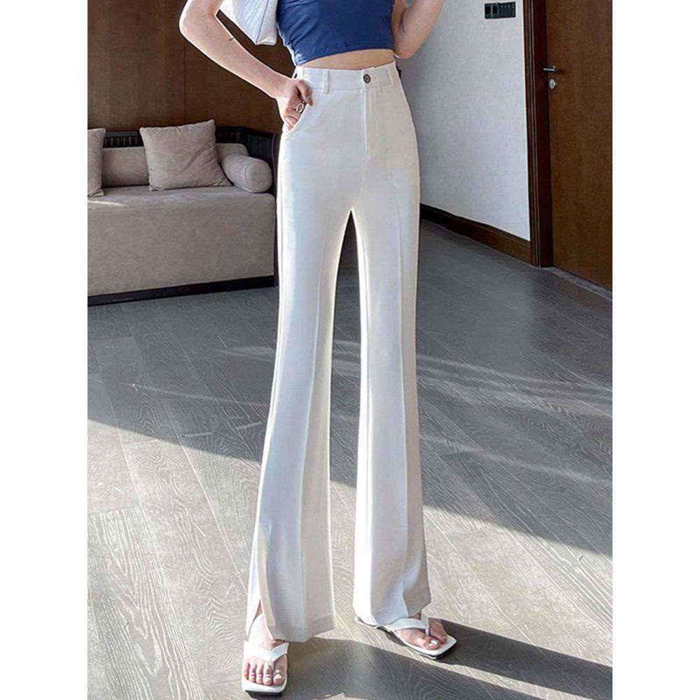 白色冰丝西装裤女夏季薄款高腰垂感宽松直筒小个子开 叉微喇叭裤