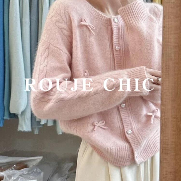 法国rouje chic法式甜美粉色蝴蝶结毛衣外套女秋冬宽松内搭针织衫
