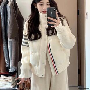 TB THOM秋冬新款立领羽绒服学院风短款保暖针织拼接白鸭绒外套女