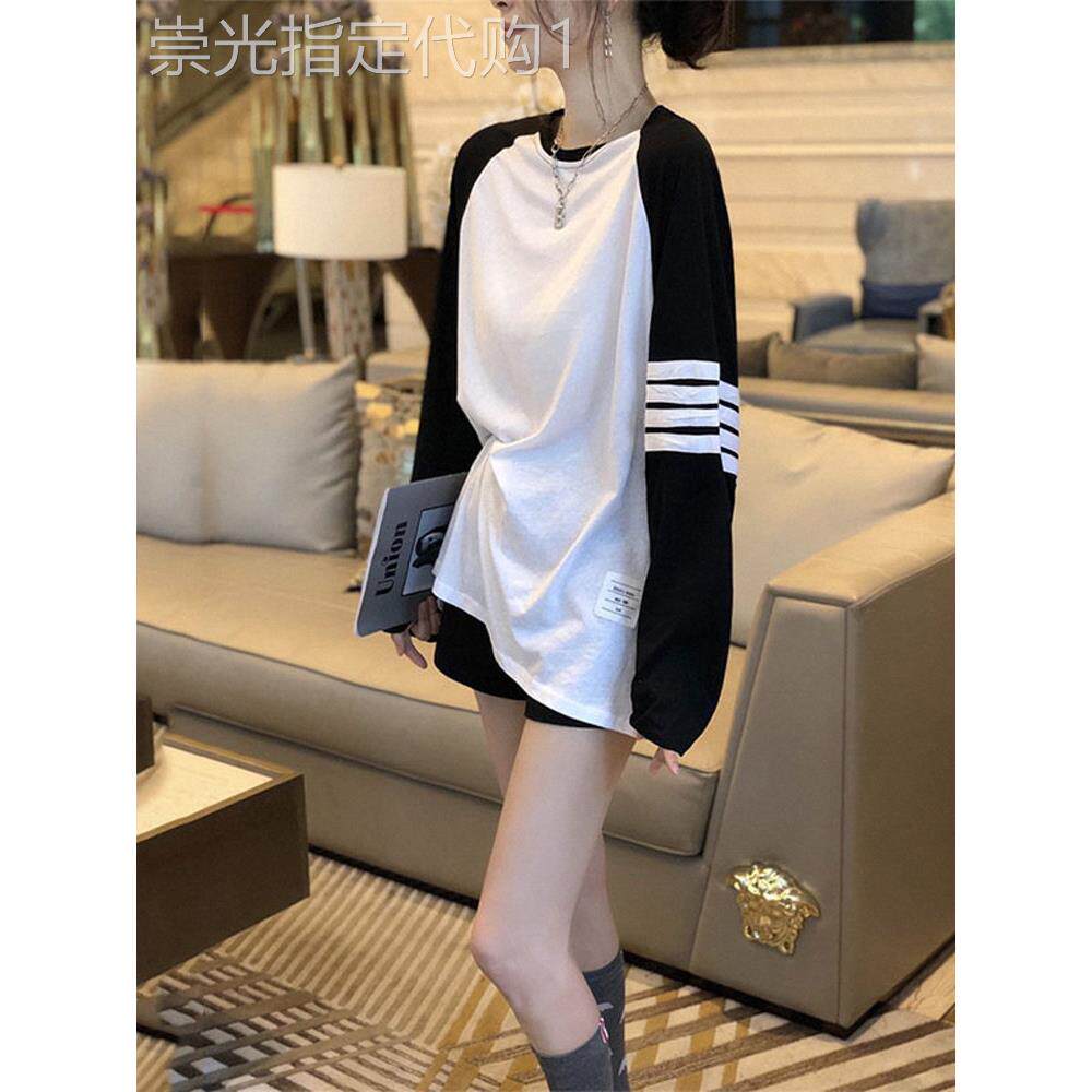 纯棉长袖T恤女春秋深圳高端欧货小衫黑白插肩上衣tb中长款打底衫