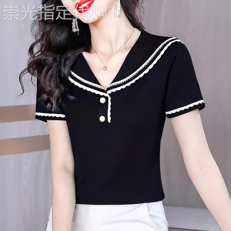 黑色撞色海军领短袖T恤女夏季2026新款正肩显瘦别致遮肉减龄上衣