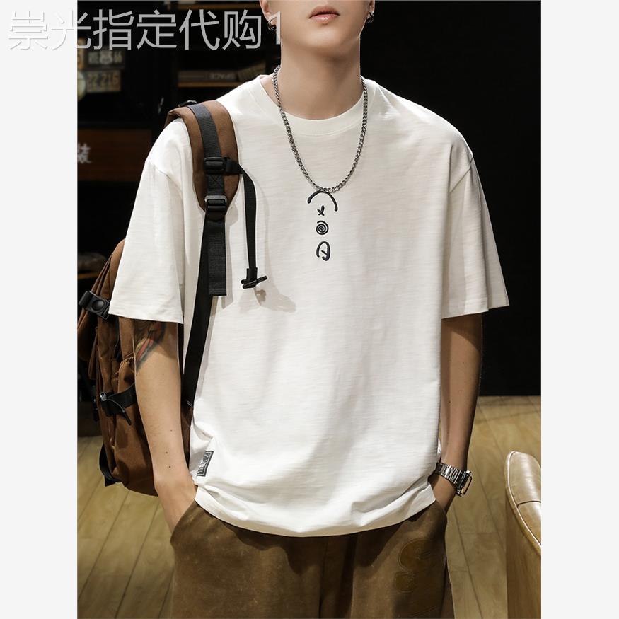 香港潮牌夏季重磅竹节棉刺绣T恤男士纯棉宽松大尺码白色半袖T恤男
