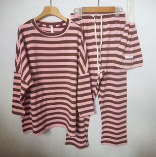 韩国布袋睡衣春秋季女长袖长裤条纹印花大码家居服宽松蝙蝠袖纯棉
