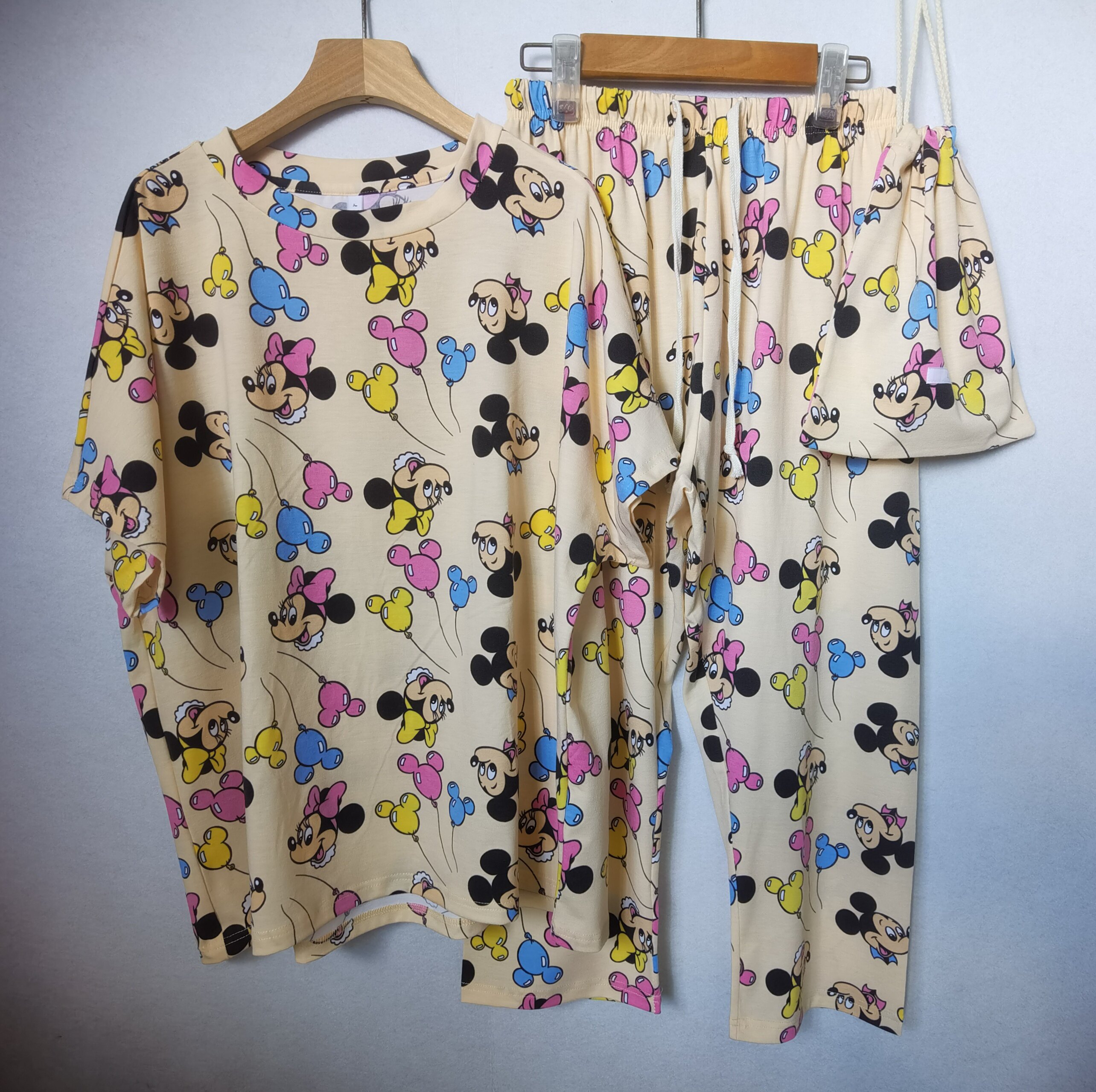 日韩系女夏季纯棉布袋睡衣浅粉小苹果宽松大码家居服短袖长裤套装