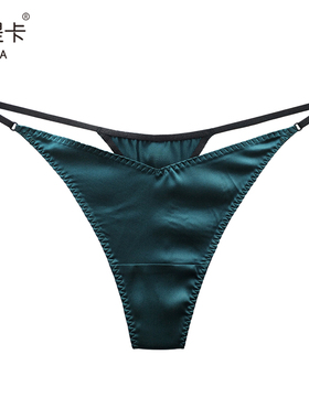桑蚕丝中腰丝滑丁字裤女 绿色轻奢细带裤头 秋冬性感无痕女士内裤