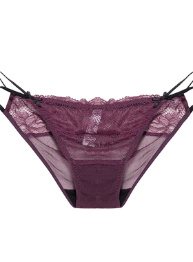 春夏紫色真丝性感女士内裤镂空透明网纱三角裤情调蕾丝低腰小裤头