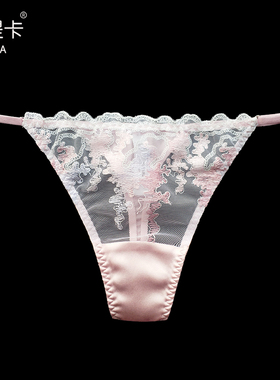 秋冬桑蚕丝低腰丁字裤女 性感蕾丝边甜美少女裤头半透明法式t字裤