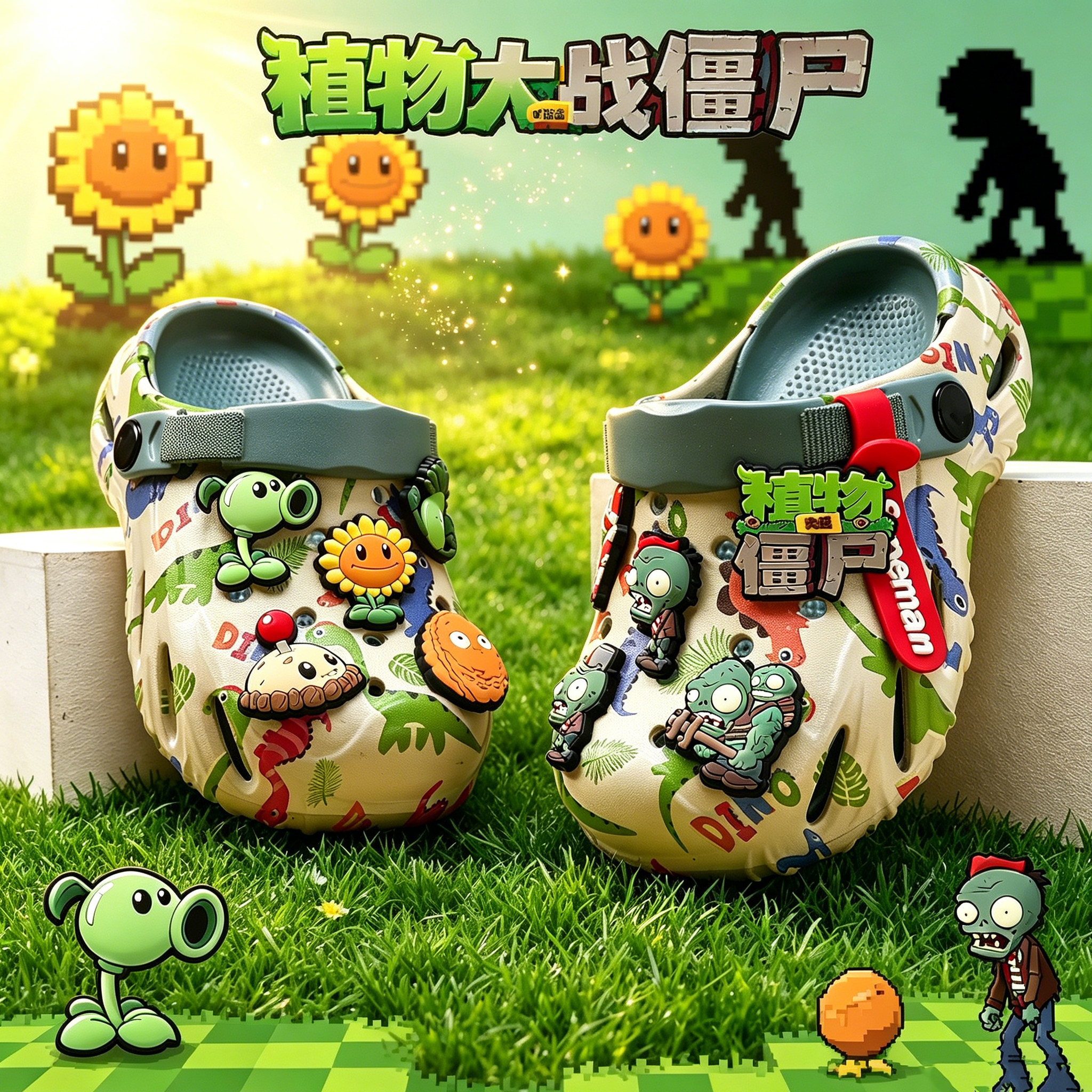 植物大战僵尸儿童洞洞鞋男童拖鞋夏季新款防滑凉鞋男孩外穿沙滩鞋