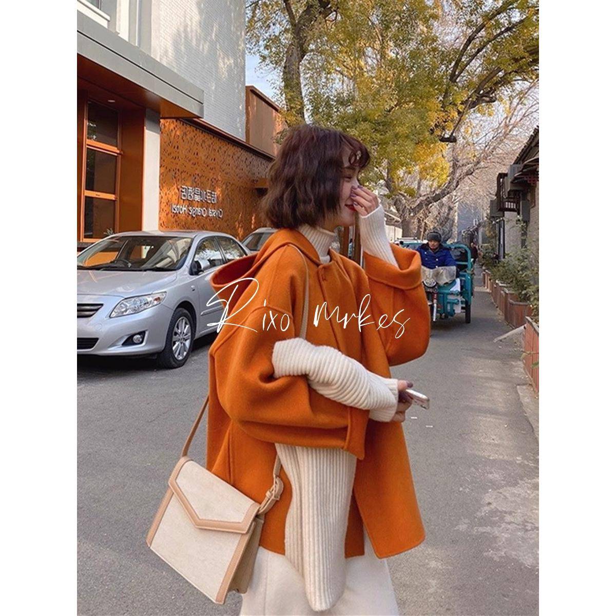 RIXO DORE法式轻奢南瓜色双面羊绒大衣女冬季短款斗篷系亮色外套