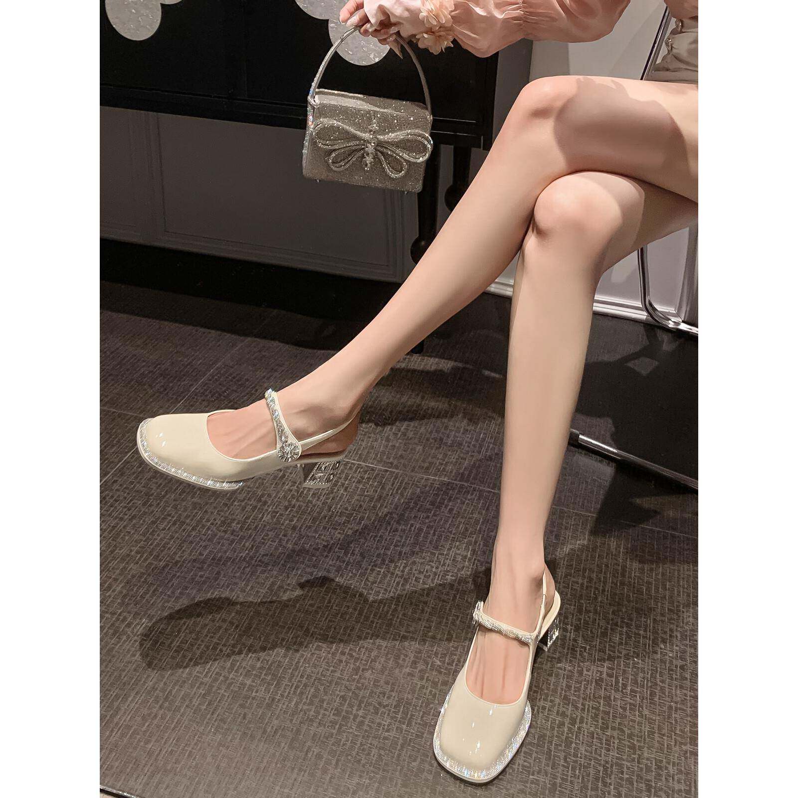 美女之神来瞭~法式莱茵石趾凉鞋白色方趾厚跟高跟鞋夏季新款女性