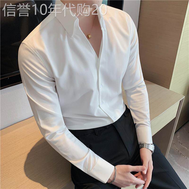 高端轻奢衬衫男长袖春秋季修身痞帅V领衬衣商务休闲正装寸衫男装