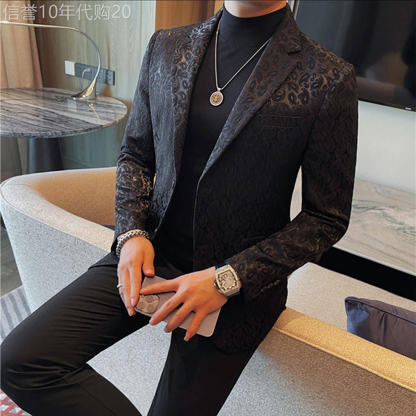 MK正品碎花纹修身西服外套男春秋款高端韩版休闲青年时尚男士西服