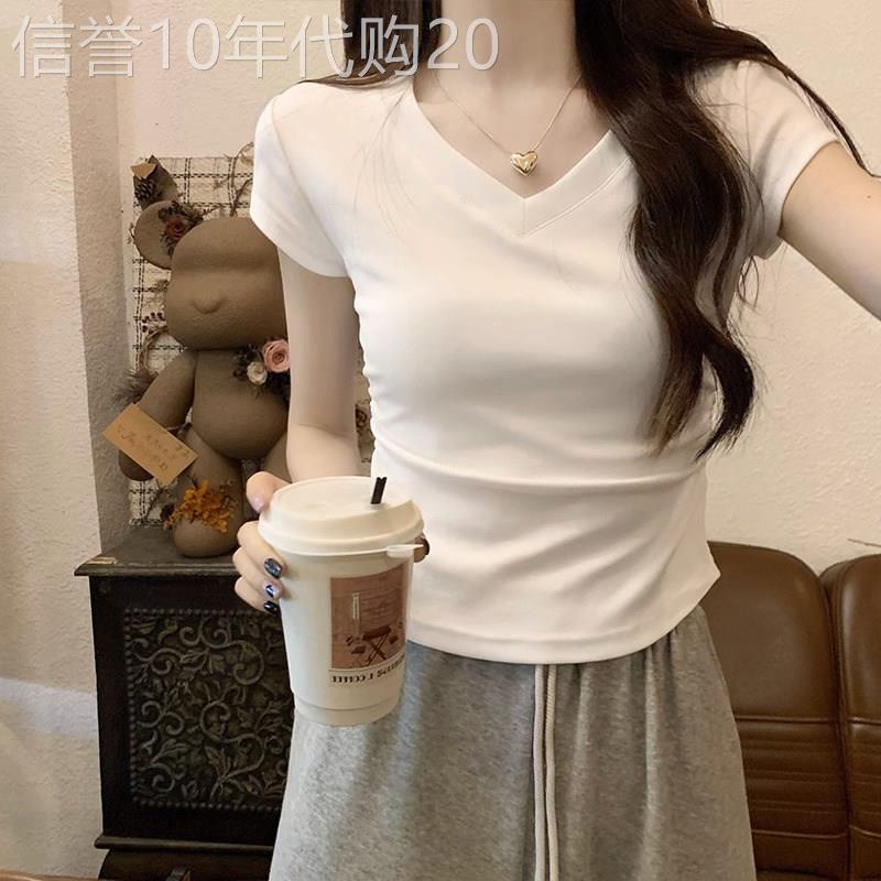 白色V领短袖T恤女 修身显瘦短款体恤 2025新款夏季薄款通勤风韩版
