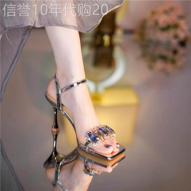 QVU~品牌专柜!一字带水钻单鞋女金色时尚方头露趾性感细跟高跟鞋