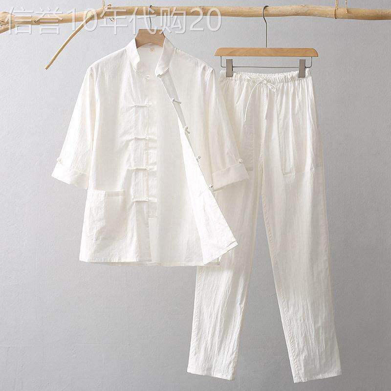 高端夏季居士服男款棉麻套装素衣禅服中式唐装寺庙禅意修行两件套