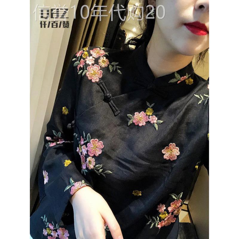 中式盘扣上衣女长袖春秋季覆古改良旗袍苎麻衬衣刺绣气质立领衬衫