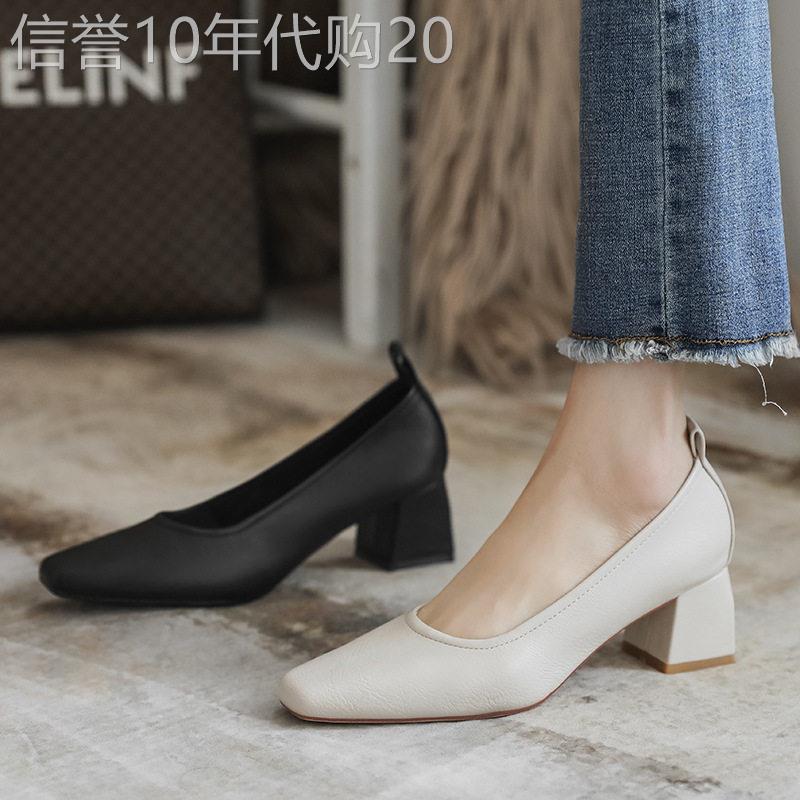 香港时尚粗跟奶奶鞋女春复古显瘦软皮黑色职业正装工作高跟鞋单鞋