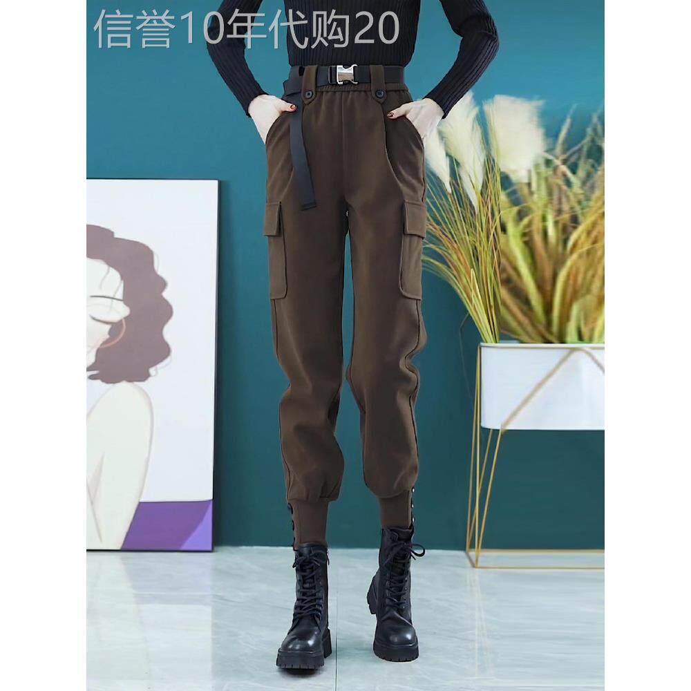 加绒毛呢工装裤女春秋2025新款高腰宽松显瘦搭配马丁靴束脚哈伦裤